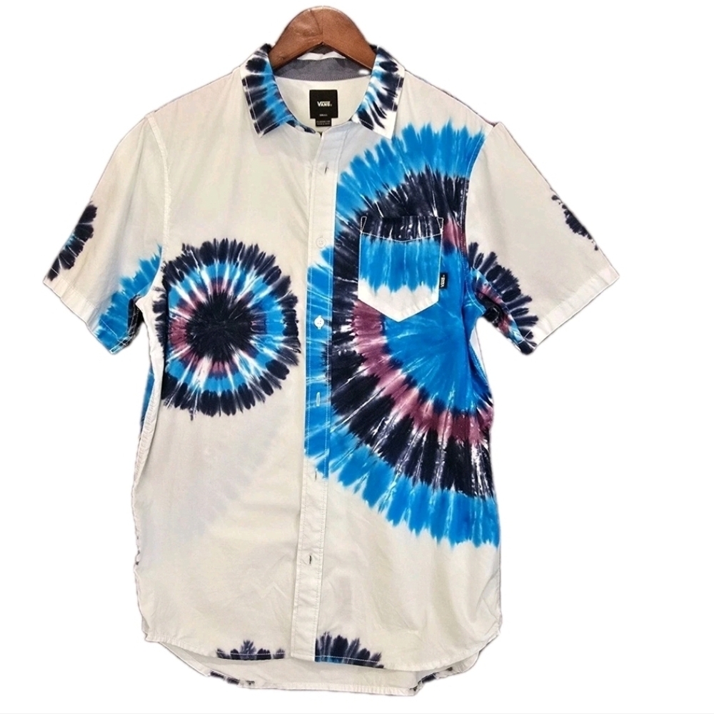 Vans Tie-Dye Button Down Shirt Mens Size S White Blue Short Sleeve Classic Fit